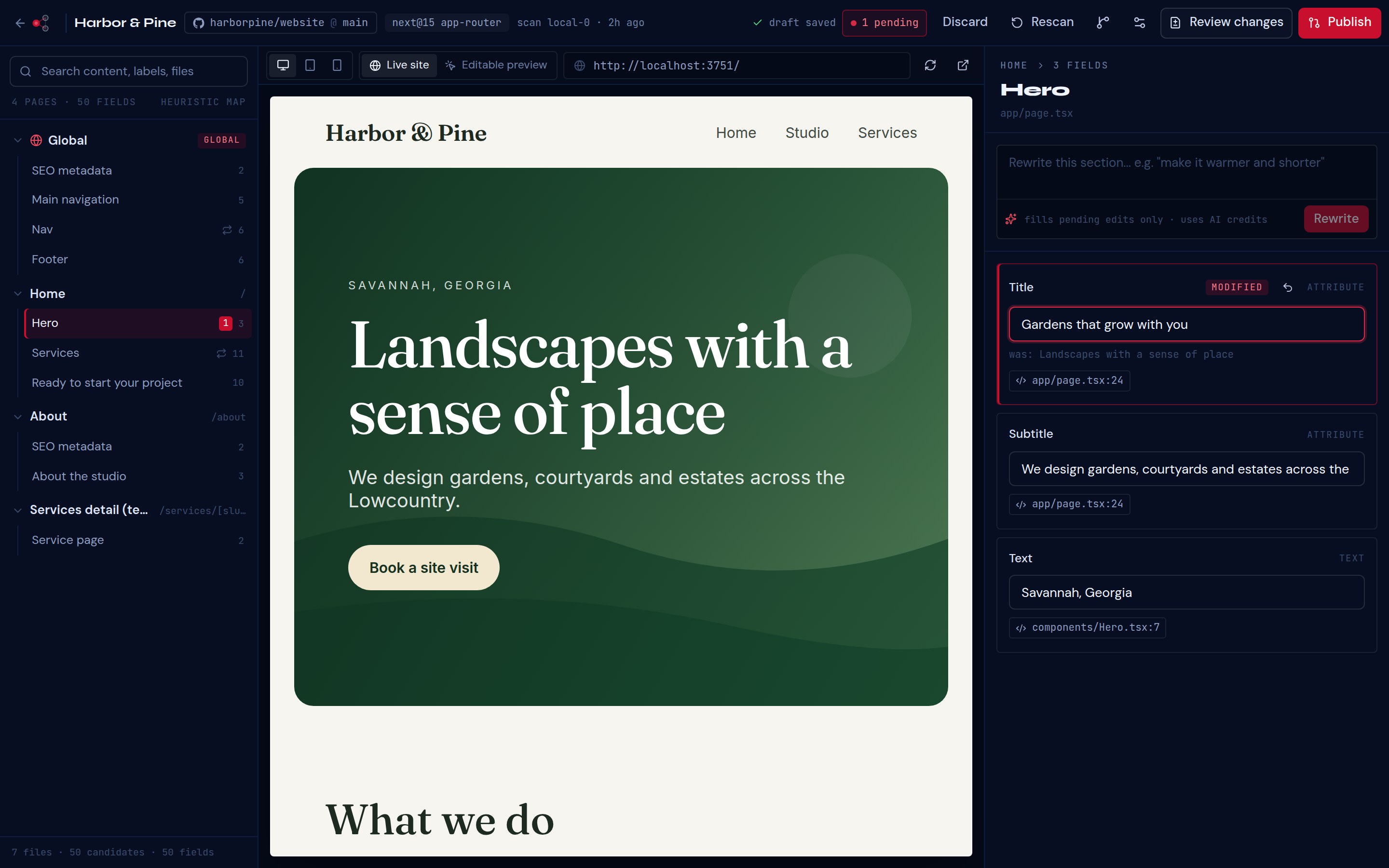 Impartial Connect editing an existing Next.js site: content tree, the live site preview and a modified hero title with its exact source file and line