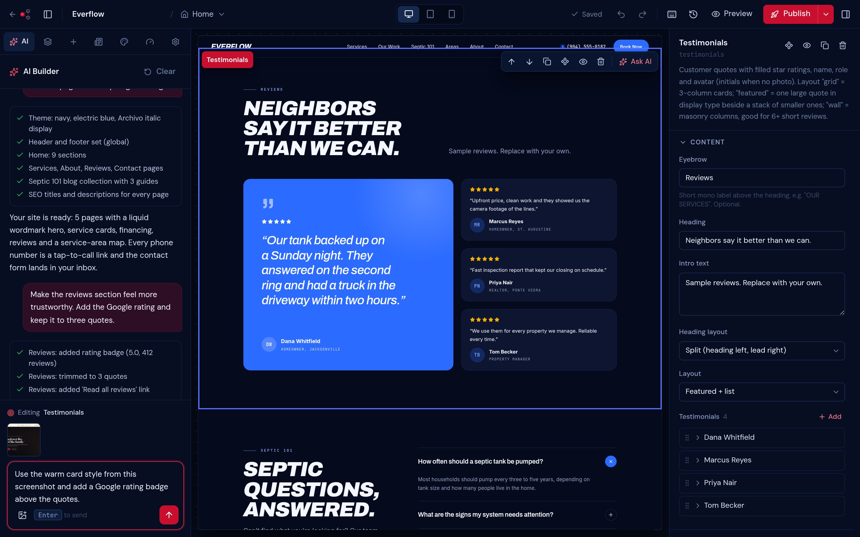 Impartial CMS editor with the AI Builder chat on the left, a selected Testimonials section on the canvas, a reference screenshot attached to the prompt and the inspector on the right