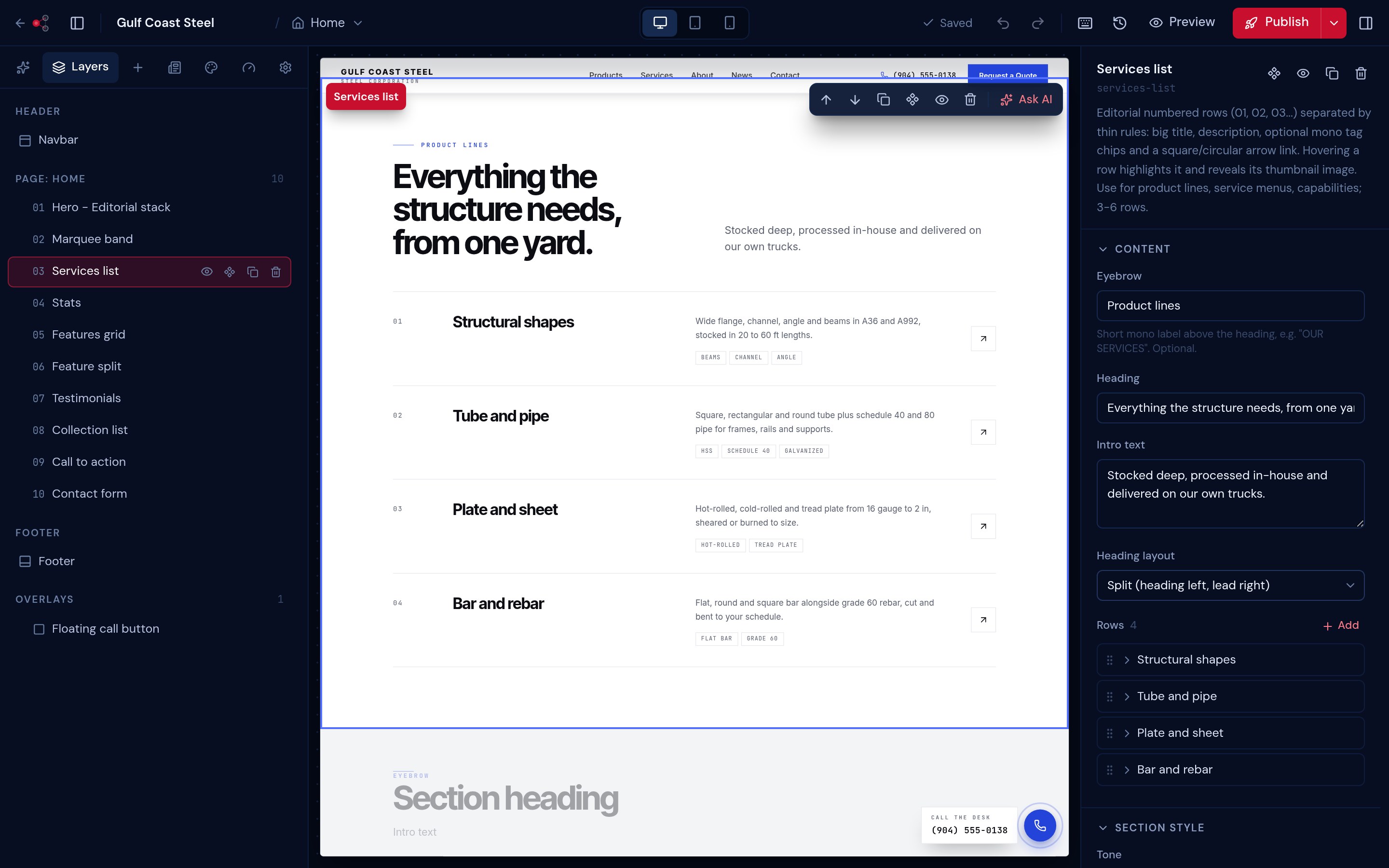 Editor with the Layers panel listing every section of the page, the Services list section selected on the canvas and its fields in the inspector