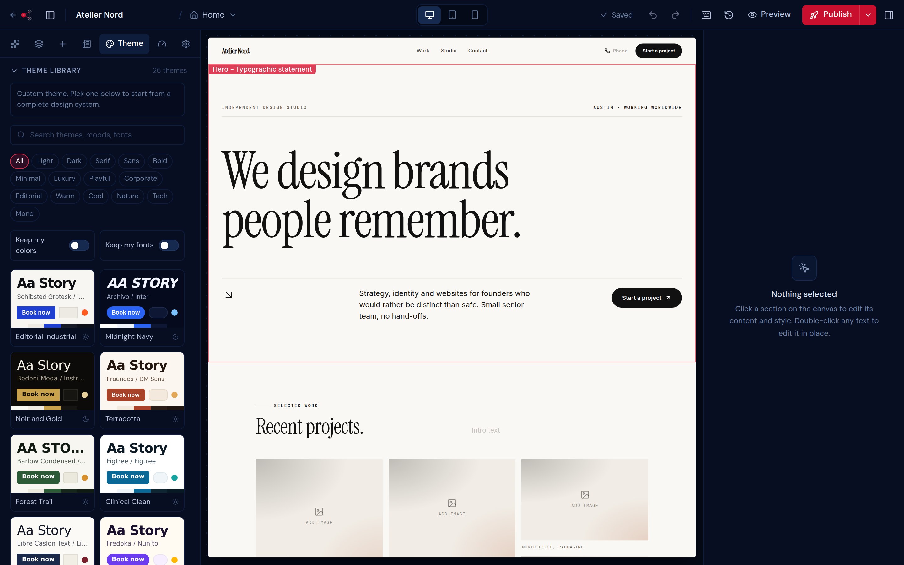 Theme library in the editor: searchable design systems with mood filters, each card previewing its fonts, colors and buttons