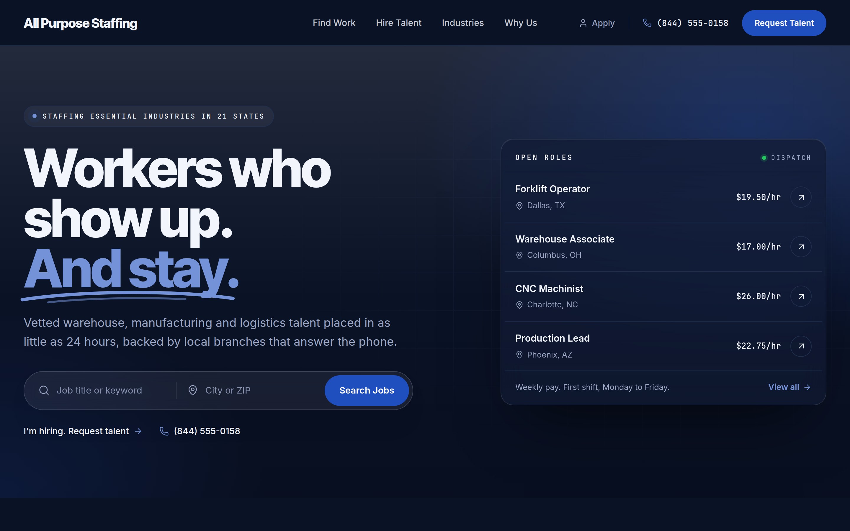 Published site for All Purpose Staffing with a job search hero and an open roles card